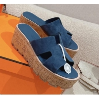 Best Grade Hermes Eze 30 Platform Slide Sandals in Suede Blue 0104022