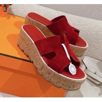 Top Grade Hermes Eze 30 Platform Slide Sandals in Suede Red 0104024