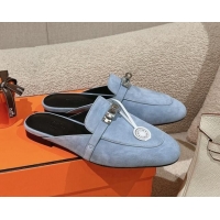 Good Looking Hermes Oz Flat Mules in Suede Light Blue 0104033