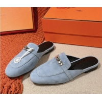 Good Looking Hermes Oz Flat Mules in Suede Light Blue 0104033