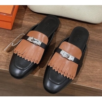 Shop Duplicate Hermes Oz Flat Mules in Calfskin with Fringe Black/Brown 0104036