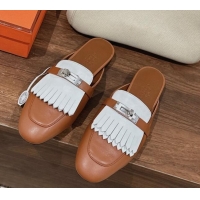 Best Product Hermes Oz Flat Mules in Calfskin with Fringe Brown/White 0104037