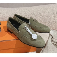 Pretty Style Hermes Paris Loafers in Suede Green 0104044