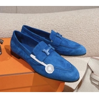 Unique Style Hermes Paris Loafers in Suede Blue 0104047