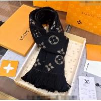 Top Grade Louis Vuitton Logomania Wool Long Scarf with Fringe 30x175cm LV011003 Black/Gold 2024