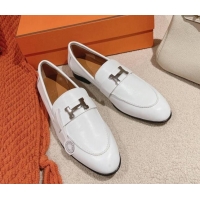 Good Looking Hermes Paris Loafers in Calfskin White Leather 104054