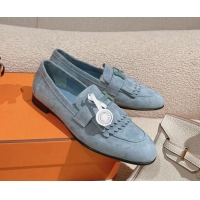 Perfect Hermes Royal Loafers in Suede Dusty Blue 0104065