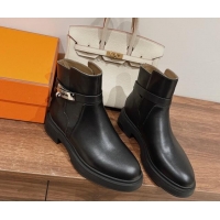 Pretty Style Hermes Veo Ankle Boots in Calfskin with Kelly Buckle Black 0104067