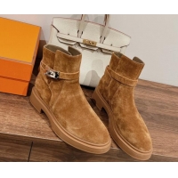 Best Grade Hermes Veo Ankle Boots in Suede with Kelly Buckle Camel 0104069