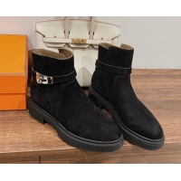 Classic Hot Hermes Veo Ankle Boots in Suede with Kelly Buckle Black 0104070