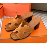 Best Price Hermes Helia Heel Slide Sandals 6cm in Suede Brown 0104071