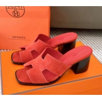 Shop Duplicate Hermes Helia Heel Slide Sandals 6cm in Suede Red 0104072