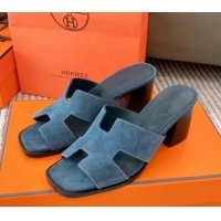 Good Looking Hermes Helia Heel Slide Sandals 6cm in Suede Blue 0104073