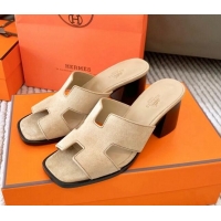 Popular Style Hermes Helia Heel Slide Sandals 6cm in Suede Beige 0104074