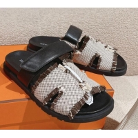 Buy Luxury Hermes Chypre Flat Sandals in Fringed H Canvas and Calfskin 0104078