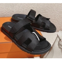 Discount Hermes Chypre Flat Sandals in Satin Fabric Black 0104079