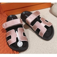 Top Design Hermes Chypre Flat Sandals in Satin Fabric Light Pink 0104081