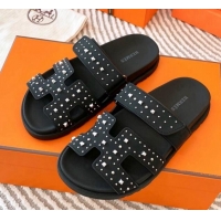 Hot Style Hermes Chypre Flat Sandals in Calfskin with Studs Black/Silver 104085