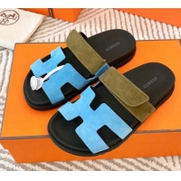 Good Product Hermes Chypre Flat Sandals in Suede Light Blue/Green 0104088