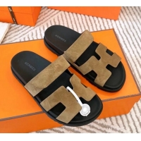 Pretty Style Hermes Chypre Flat Sandals in Suede Light Brown 0104089