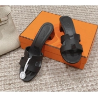 Good Looking Hermes Classic Oasis Heel Slide Sandals 4.5cm in Palm Grained Leather All Black 123029