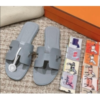 Popular Style Hermes Classic Oran Flat Slide Sandals in Palm Grained Leather Grey 123040