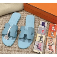 Low Cost Hermes Classic Oran Flat Slide Sandals in Palm Grained Leather Blue 0123041