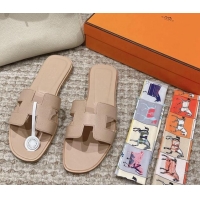 Grade Quality Hermes Classic Oran Flat Slide Sandals in Palm Grained Leather Beige 0123042