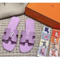 Shop Cheap Hermes Classic Oran Flat Slide Sandals in Palm Grained Leather Purple 123047