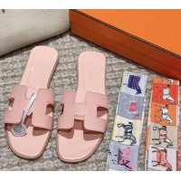 Pretty Style Hermes Classic Oran Flat Slide Sandals in Palm Grained Leather Pink 123050