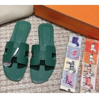 Low Cost Hermes Classic Oran Flat Slide Sandals in Palm Grained Leather Green 123051