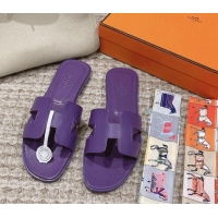 Shop Duplicate Hermes Classic Oran Flat Slide Sandals in Palm Grained Leather Purple 123057