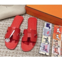 Perfect Hermes Classic Oran Flat Slide Sandals in Palm Grained Leather Red 123060