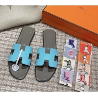 Top Design Hermes Classic Oran Flat Slide Sandals in Palm Grained Leather Blue/Grey 0123063