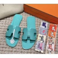 Charming Hermes Classic Oran Flat Slide Sandals in Palm Grained Leather Blue 0123065