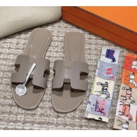 Best Grade Hermes Classic Oran Flat Slide Sandals in Palm Grained Leather Grey 0123066