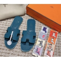 Luxury Hermes Classic Oran Flat Slide Sandals in Palm Grained Leather Blue 123068