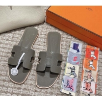 Fashion Hermes Classic Oran Flat Slide Sandals in Palm Grained Leather Grey 0123069