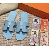 Stylish Hermes Classic Oran Flat Slide Sandals in Smooth Leather Blue 0123071