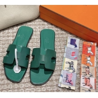 Charming Hermes Classic Oran Flat Slide Sandals in Smooth Leather Green 0123070