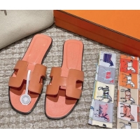 Shop Duplicate Hermes Classic Oran Flat Slide Sandals in Smooth Leather Coral Pink 0123079