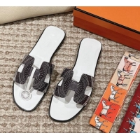 Luxury Hermes Classic Oran Flat Slide Sandals in Calfskin with Astrologie Bandana Print White 0123082