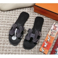 Best Grade Hermes Classic Oran Flat Slide Sandals in Calfskin with Astrologie Bandana Print Black 0123083