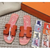 Perfect Hermes Classic Oran Flat Slide Sandals in Calfskin with Astrologie Bandana Print Orange 0123084