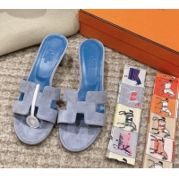 Good Quality Hermes Classic Oasis Heel Slide Sandals 4.5cm in Suede Blue 0123088