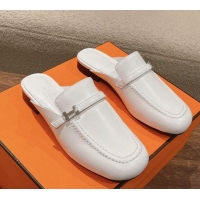 Top Design Hermes Groupie Flat Mules in Calfskin with H Buckle White 123094