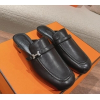 Most Popular Hermes Groupie Flat Mules in Calfskin with H Buckle Black 123095