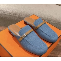 Good Looking Hermes Groupie Flat Mules in Denim with H Buckle Blue 0123096