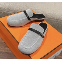 Good Quality Hermes Groupie Flat Mules in Canvas with H Buckle White/Black 0123097