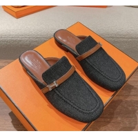 Luxury Cheap Hermes Groupie Flat Mules in Denim with H Buckle Black 123098